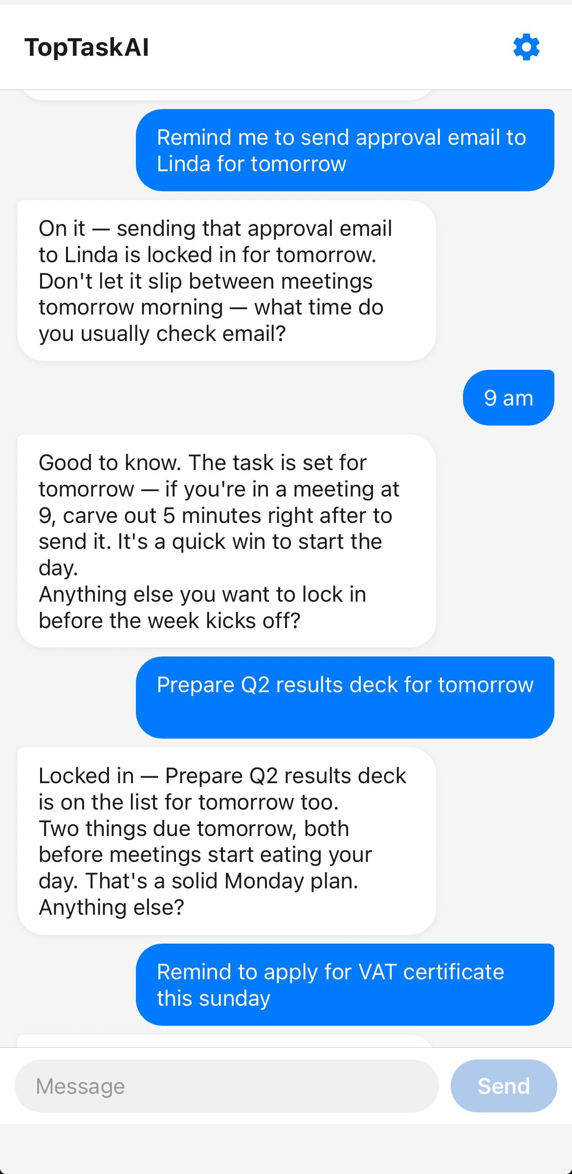 TopTaskAI chat screen: the app helping a user lock in tasks for tomorrow